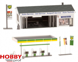 Petrol station with service bay