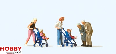Mothers with Children in Baby Carriages Meeting Grandparents